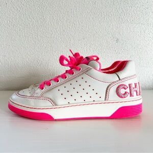 Chanel Sneakers White Fuschia Hot Pink Leather Logo Size EU 38 CC